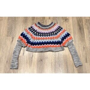 Free People Cropped Fair Isle Knit Sweater Gray Multicolor Womens Medium